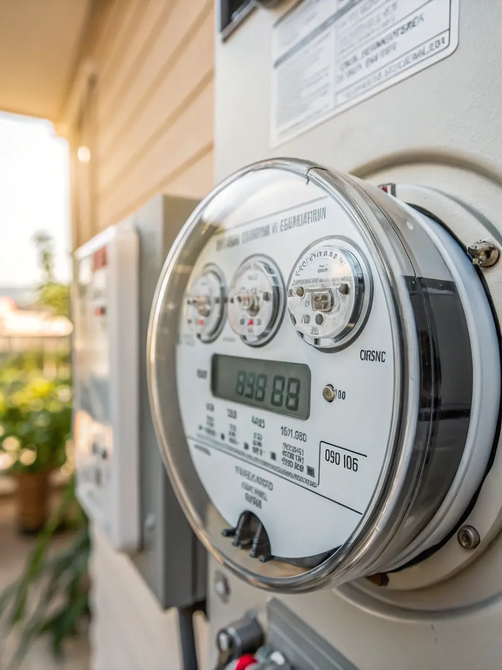 A close-up shot of a smart energy meter displaying reduced electricity consumption, highlighting the cost savings achieved through solar panel usage.