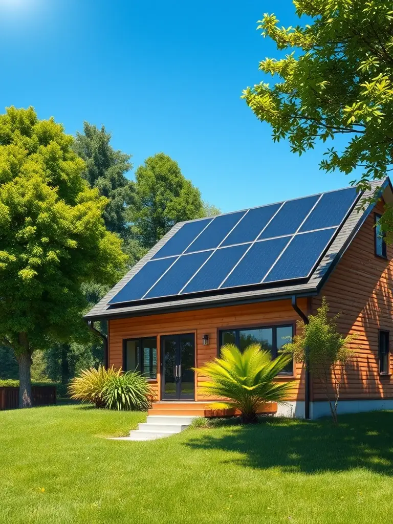 A vibrant image showcasing a residential rooftop solar panel installation on a sunny day, emphasizing the clean energy production and aesthetic integration with the home.