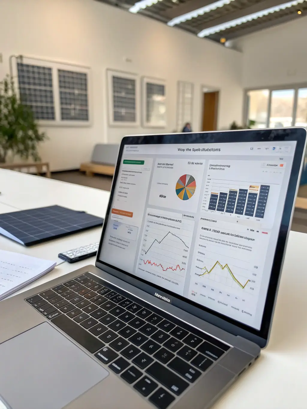 A 3D rendering of a photovoltaic system design being reviewed on a computer screen, showcasing the layout and specifications for optimal energy production.